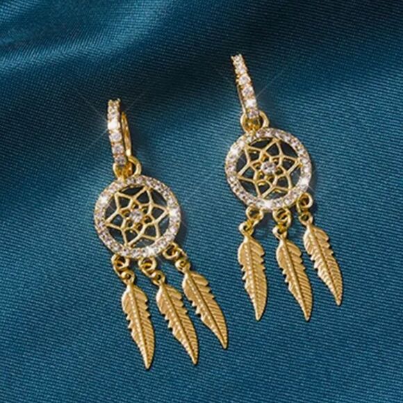 BESTSELLER DREAM CATCHER 18K GOLD CRYSTAL DIAMOND EARRINGS - Picture 1 of 5